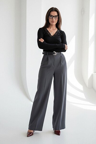 Madmext Anthracite High Waist Pleated Belted Wide Leg Women's Trousers Mg2615