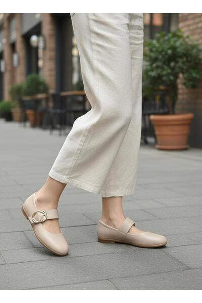 redtan Women's Cream Buckle Detailed Single Strap Leather Casual Ballerina Shoes