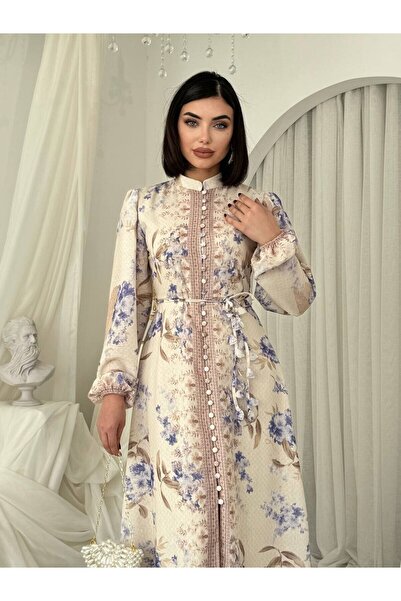 Julidress Patterned Button Detail Mock Neck Thin Belted Midi Length Premium D...