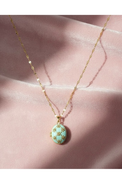 Hiis Store Turkuaz Emaye Çiçek Desenli Açılabilir Madalyon Kolye - Altın Kapl...
