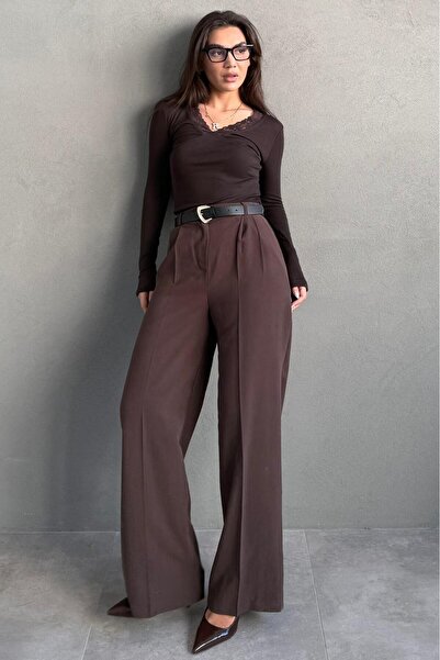 Madmext Кафяви дамски панталони с висока талия, плисирани, с колан и широки к...