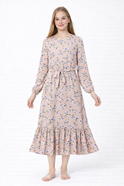 ZERMİNİ 210-01-26 فستان منسوج من الفسكوز بأكمام طويلة ونقشة زهور للفتيات، مقا...