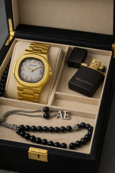 pierrose Gold Su Geçirmez Çelik Erkek Kol Saati Çakmak Tesbih Bileklik Hediye...