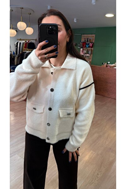 EYYE BUTİK Yumuşak Dokulu Ön Cepli Hırka Krem-Siyah