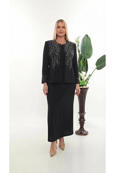 MİSS DİAMOND Elegant stone-embellished closed Slit black long skirt three-pie...