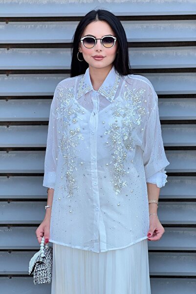 Mahal Shirt with Pearl Stone Embroidery on the Collar and Front