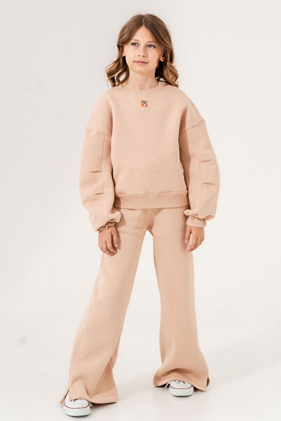 GİYİCEM TEKSTİL Girl's Basic Crew Neck Teddy Bear Detailed Three Thread Track...