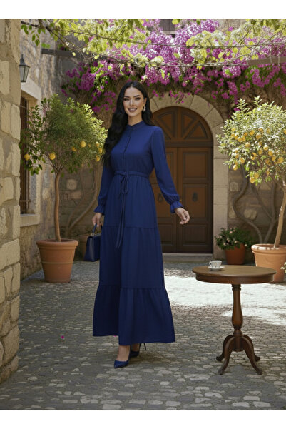 ISTANBUL STYLES Aura Elegant High Neck Long Dress - Navy Blue