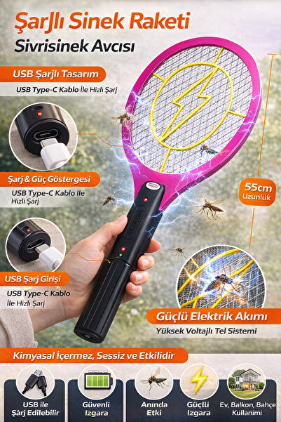 HGROUP Şarjlı Sinek Raketi USB Şarjlı – Güçlü Elektrikli Sivrisinek Öldürücü ...