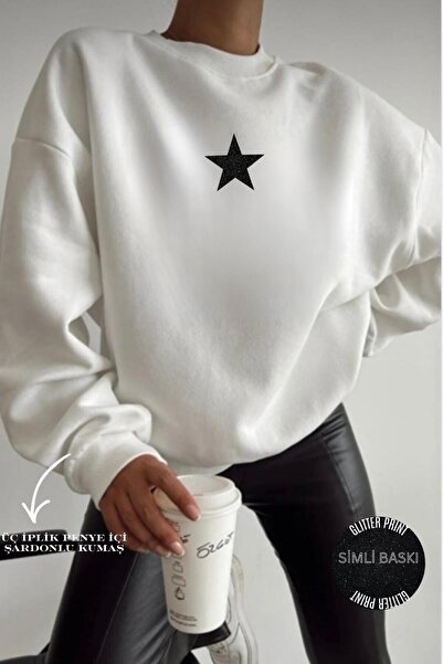 NO 601 Blancă pentru femei supradimensionat Loose Crew Neck Black Sim Star cu...