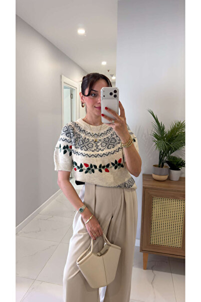 BİRCANÇİL Merdra Stone Patterned Short Sleeve Knitwear