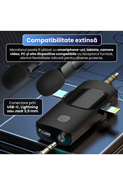 PROUDANKA Microfon wireless lavaliera dublu,plug & play, sunet clar HD,compatibil Android, iOS si camera video