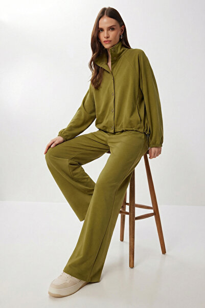 Lovelyİstanbul Mock Neck Button Top and Bottom Modal Set Lby0036 Olive Green