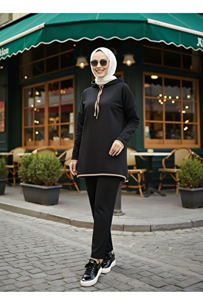 Gioni Black Hooded Tunic Trouser Suit