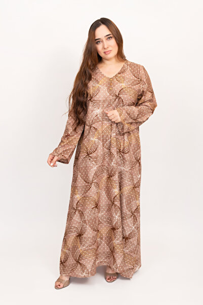 LINELLE جلابيات بنية اللون للنساء - فستان ماكسي بنقشة تجريدية، ملابس محتشمة