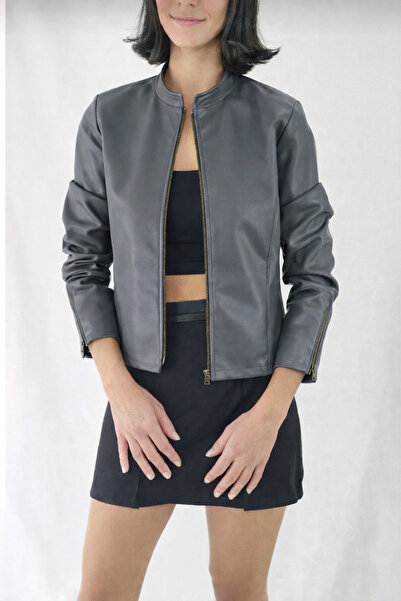 YAXİ Regular Fit Short Dark Gray Leather Jacket