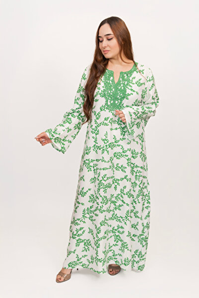 LINELLE جلابية نسائية - بنقشة أوراق خضراء مع تفاصيل دانتيل عند الرقبة