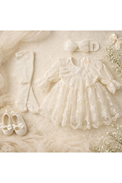 Pugi Baby Zarif Dantel İşlemeli Krem Kız Bebek Özel Gün Elbise Takımı