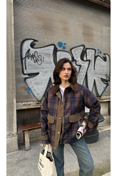 jöns since 1997 Women's Velvet Collar Plaid Brown Navy Blue Jacket