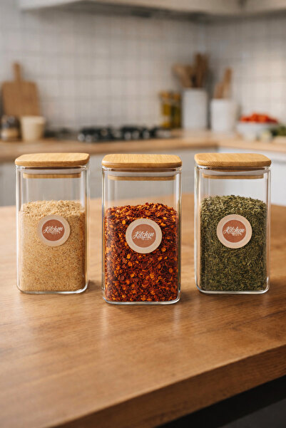 Kitchen Way Set of 3 Square Glass Jars with Bamboo Lids 300ml Food Storage Ja...