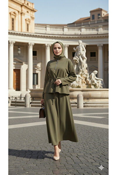 VENT GİYİM Hijab Women's Crepe Skirt Two-Piece Set with Tie-Waist Lace-Up Spo...