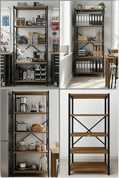 Agila Metal Gövdeli Kitaplık, Çok Amaçlı 5 Katlı Mutfak & Banyo Rafı - Kahve