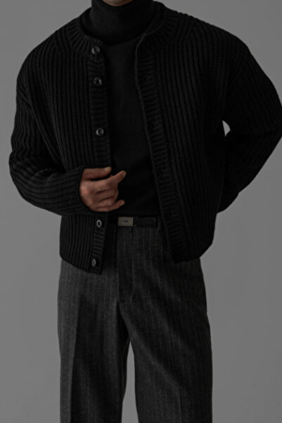 Tarz Cool Black Men's Slim Fit Cotton Round Neck Buttoned Cardigan