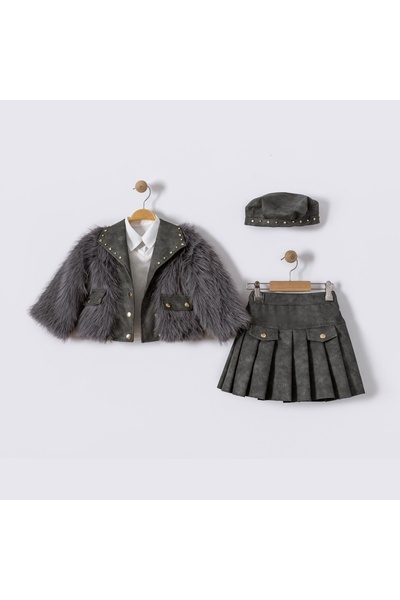 ESKİŞEHİR YUMURCAK Girl's Hat with Gold Stone Plush Leather Four-Piece Set