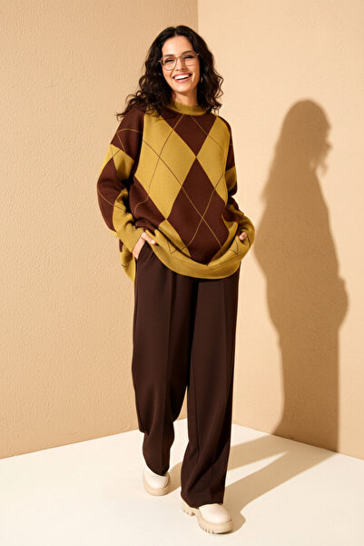 FERHEL Wide Diamond Pattern Long Oversized Sweater Tunic