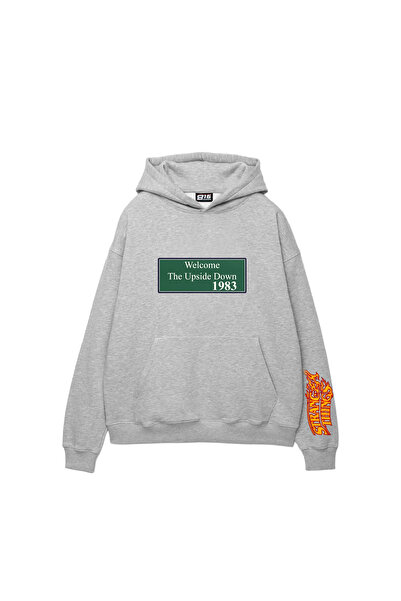Sekizbiraltı Upside down Printed Oversized Unisex Light Gray Hoodie