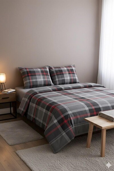 MORE HOME غطاء لحاف فردي + غطاء وسادة بنمط منقوش باللون الرمادي والخطوط الحمراء