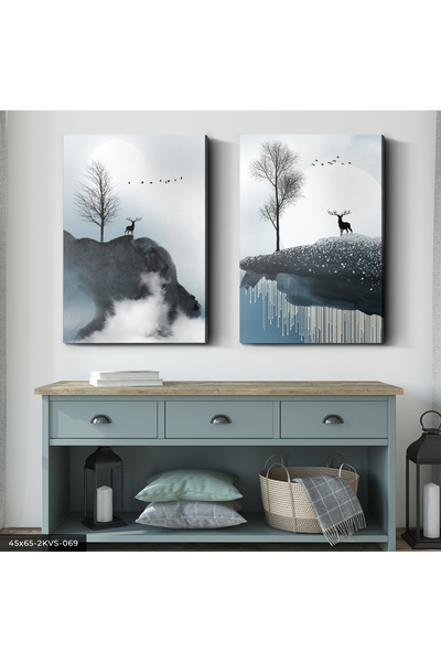 Evinemoda Minimalist Geyik ve Ağaç 2 Parça Kanvas - Canvas Tablo