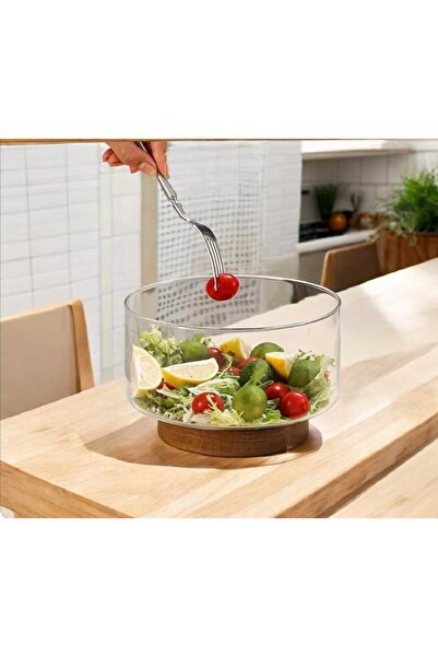 Home وعاء سلطة زجاجي خشبي بقاعدة من خشب السنط 25 سم