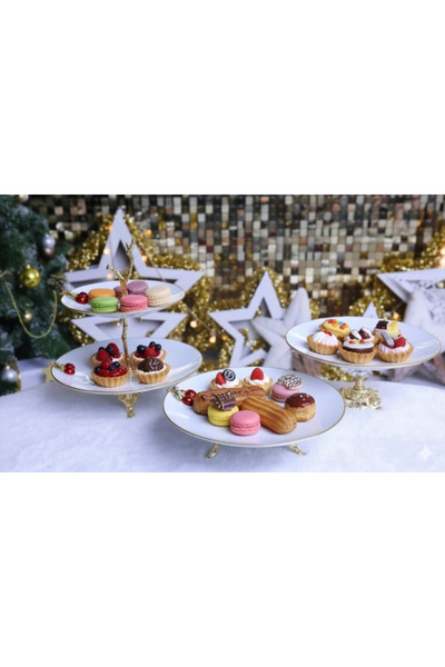 ASSA BAZAAR 3 Piece Porcelain Cake Serving Set & Kura Piped K & Sugar Bowl Se...