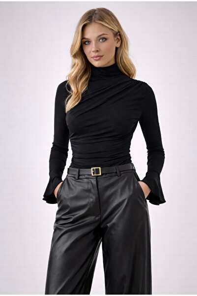 SHEBARA Shoulder Gathered Turtleneck Top Bodysuit