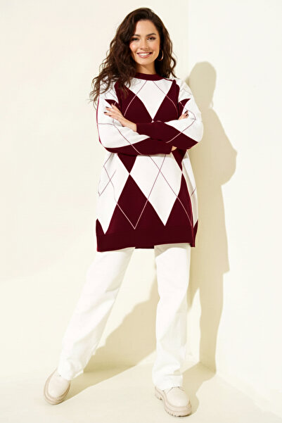 FERHEL Wide Diamond Pattern Long Oversized Sweater Tunic