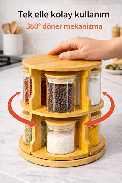 Evila Döner Baharatlık Seti 10lu – 360° Dönebilen Bambu Standlı Cam Baharat K...