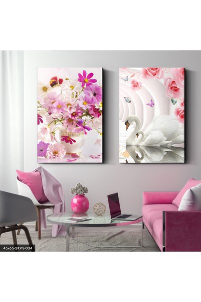 Evinemoda Swan Flowers 2 Piece Canvas - Canvas Painting