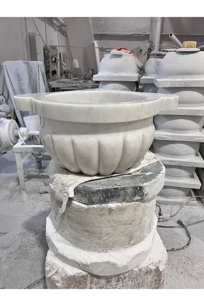 Lotos Mermer şeker beyaz kavun dilimli köşe kurnası ,45x45x25,Türk hamam kurn...