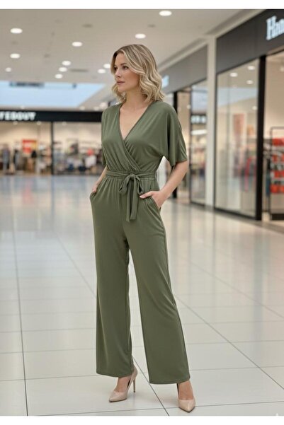 merysare Women's summer khaki jumpsuit with pockets, belt, and back zipper in...
