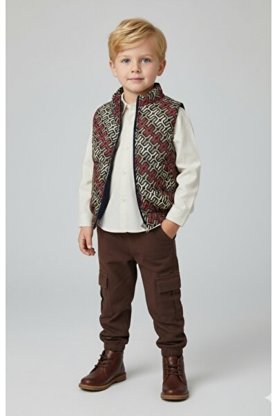 Bebüş Boy's Zipper Closure Puffer Vest Woven Shirt Elastic Waist Cargo Pocket...