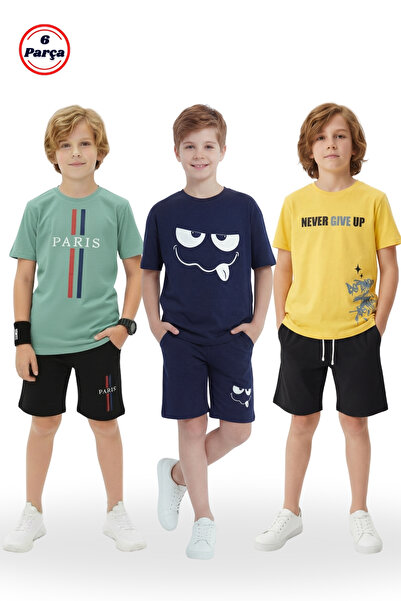 FYK KİDS 3-Piece Round Neck Print Detail Boys' 6-Piece Top and Bottom Set