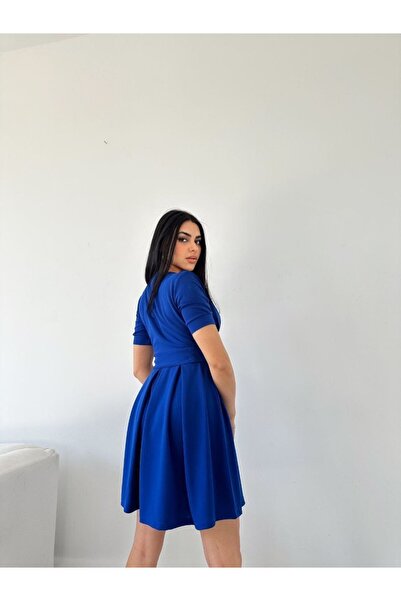 rengamoda Women's Double-Breasted Collar Short Sleeve Mini Flared Dress