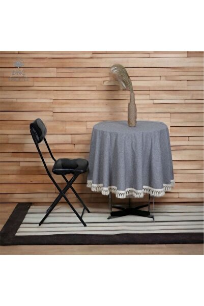 DNC HOMETEX Gray Anthracite Round Raw Pompom Tablecloth