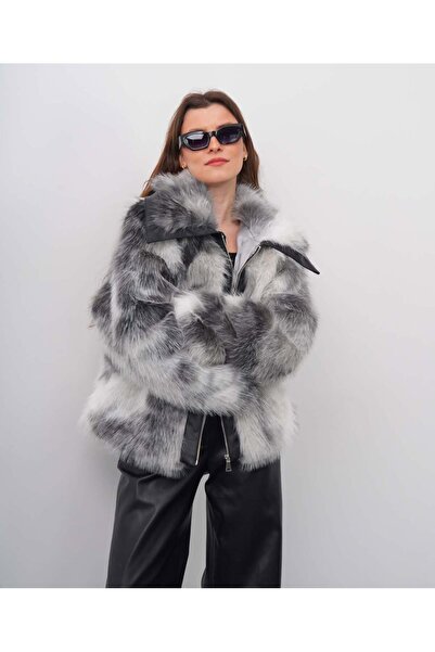 CELİORA STYLE Kadın Leopar Desenli Kürk Mont – Deri Detaylı, Fermuarlı, Şık v...