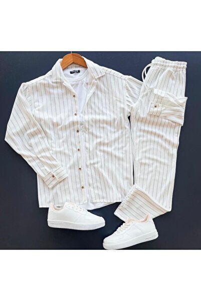 giyimadam16 طقم قميص وبنطلون من قماش الكريب المخطط