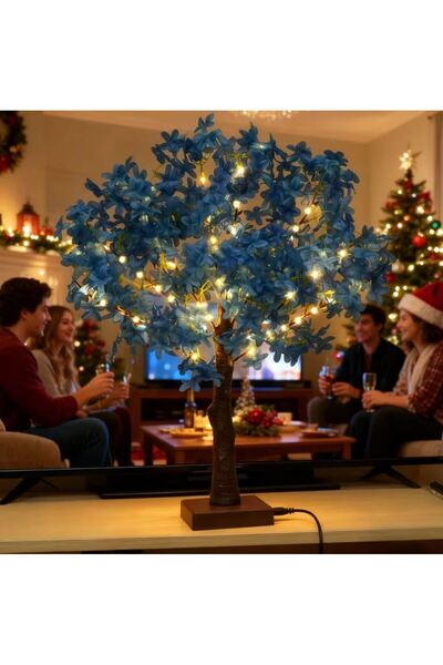 BENİMOLMALI 47 cm Led Işıklı Mavi Yapay Çiçekli Pilli, Dekoratif Ağaç Noel Pa...