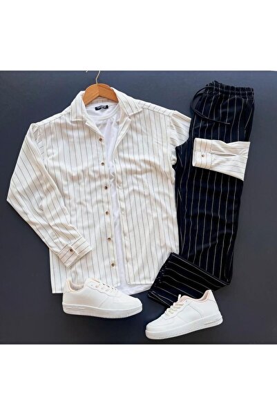 giyimadam16 Crepe Fabric Striped Shirt Pantalon Set
