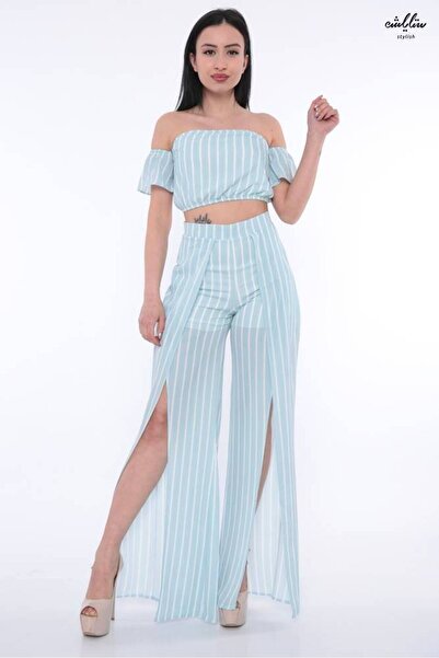 Stylish A soft, light blue striped set with an off-the-shoulder blouse and lo...