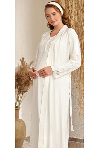 Baha Kolları Dantelli Tesettüre Uygun Şardonlu Sabahlıklı Lohusa Gecelik Takımı
